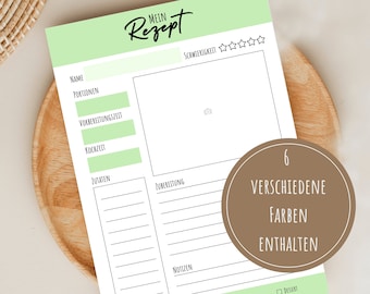 Recipe card "My Recipe" template for printing in DIN A4 format and in 6 different colors
