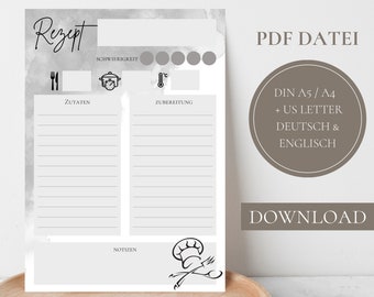 May include: Printable recipe template with a watercolor background. The template includes sections for ingredients, preparation, and notes. The text "Rezept" is at the top of the page. The template is available in DIN A5, A4, and US Letter sizes. The template is available in German and English.