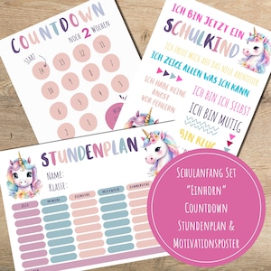 Könnte beinhalten: Ein druckbarer Schul-Countdown-Chart mit einer Einhorn-Illustration. Die Tabelle hat 14 Kreise mit den Zahlen 1 bis 14. Die Tabelle enthält auch ein Motivationsplakat mit einer Einhorn-Illustration und dem Text "Ich bin jetzt ein Schulkind" und "Ich freue mich auf das neue Abenteuer".