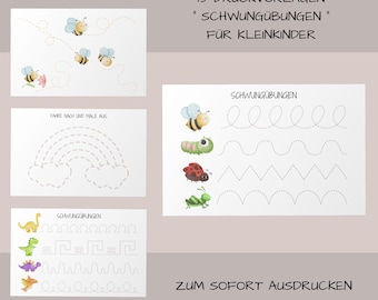 Può includere: Un set di fogli di lavoro stampabili per bambini, con illustrazioni di api, un arcobaleno e vari insetti. I fogli di lavoro includono linee tratteggiate per il tracciamento e il testo "SCHWUNGÜBUNGEN" e "ZUM SOFORT AUSDRUCKEN".