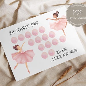 Könnte beinhalten: Ein weißer Druck mit zwei Ballerinas in rosa Tutus, dem Text "ICH SCHAFFE DAS!" und "ICH BIN STOLZ AUF MICH!" sowie rosa Kreisen. Eine runde Grafik lautet "PDF direkter Download".