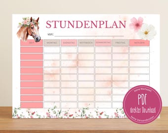 Stundenplan zum Ausdrucken, Stundenplan PDF, Schulbeginn, DIN A5, A4 und DIN A3, Pferde Motiv, deutsch