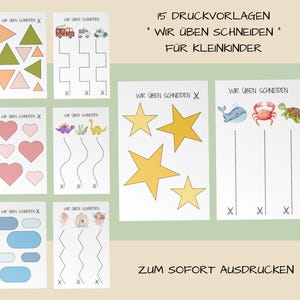 May include: A collection of printable worksheets for children, featuring shapes, vehicles, hearts, dinosaurs, stars, and sea creatures. Each worksheet includes cutting practice lines and the text "WIR ÜBEN SCHNEIDEN" in black.