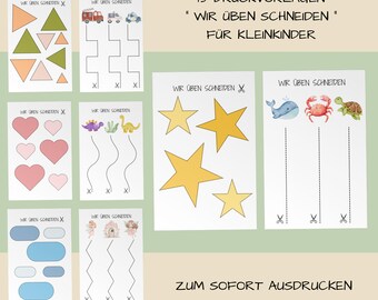 Può includere: Una raccolta di fogli di lavoro stampabili per bambini, con forme, veicoli, cuori, dinosauri, stelle e creature marine. Ogni foglio include linee di taglio e il testo "WIR ÜBEN SCHNEIDEN".