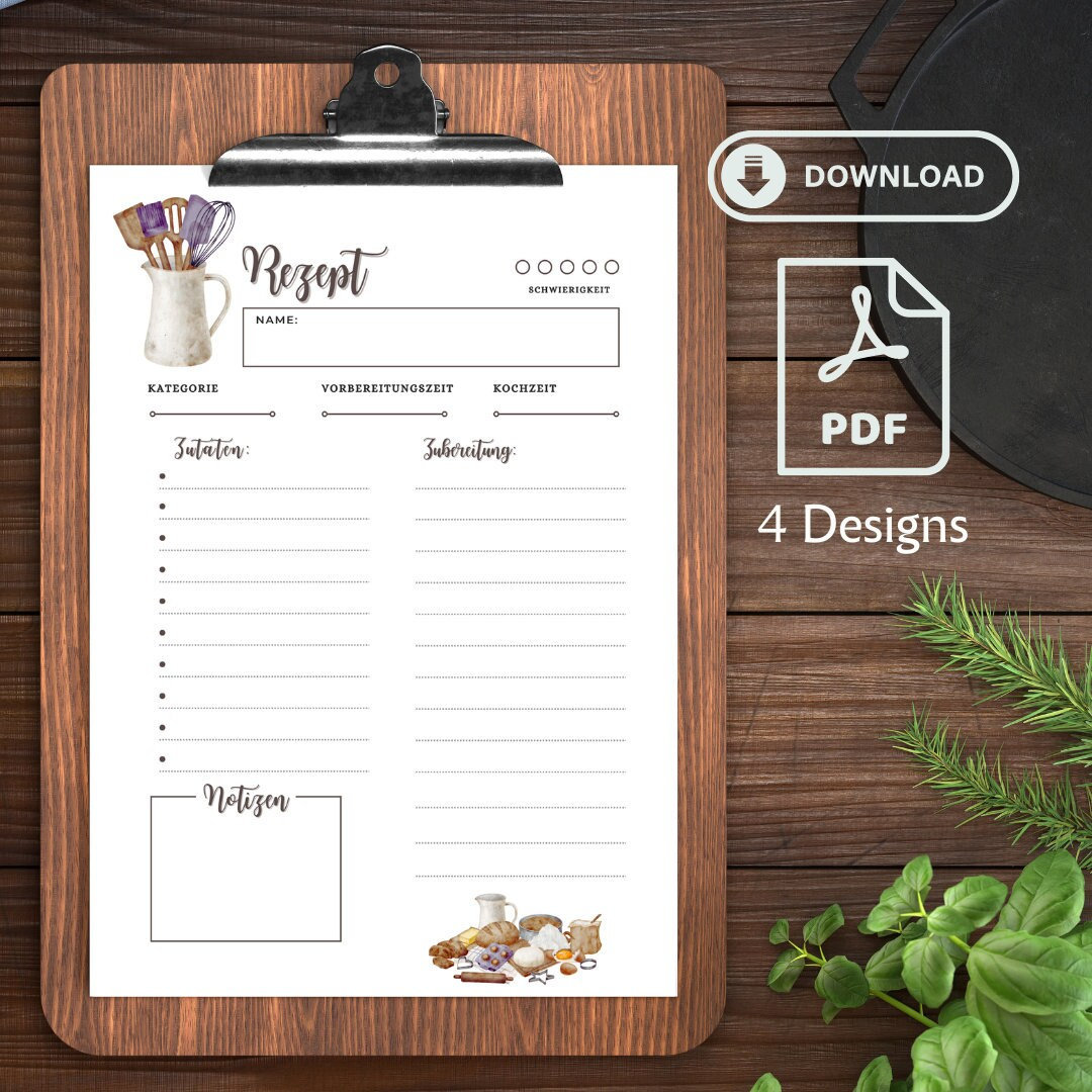 Recipe Template A4 & US Letter for Printing GER / ENG | 4 Designs ...