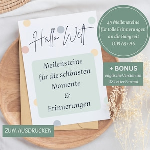 45 plantillas de hitos para imprimir en formato postal DIN A5 y A6 + bono: versión en inglés en formato carta estadounidense