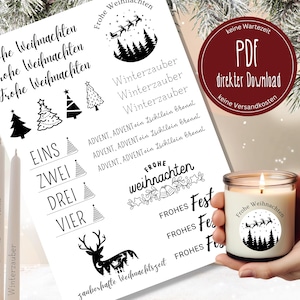 May include: A set of black and white Christmas-themed printable stickers. The stickers feature various designs, including Christmas trees, reindeer, and the text "Frohe Weihnachten" (Merry Christmas in German). The stickers are perfect for adding a festive touch to gifts, cards, and other crafts.