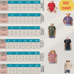May include: A size chart for baby bodysuits, toddler shirts, youth shirts, unisex shirts, women's V-neck shirts, and adult sweatshirts. The chart includes size, width, and length measurements in cm for each garment type, with corresponding age ranges.