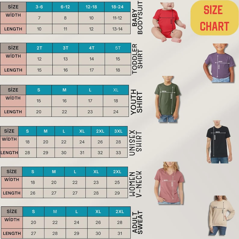 May include: A size chart for baby bodysuits, toddler shirts, youth shirts, unisex shirts, women's V-neck shirts, and adult sweatshirts. The chart includes size, width, and length measurements in cm for each garment type, with corresponding age ranges.