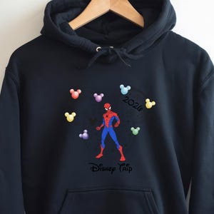 May include: Black hooded sweatshirt with a Spider-Man design in red and blue, encircled by colourful Mickey Mouse head shapes. The text "2020" and "Disney Trip" are also visible.