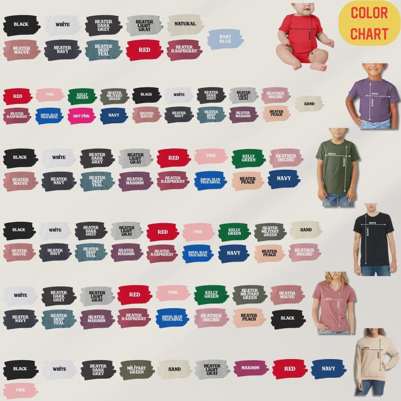May include: A colour chart displaying fabric swatches in shades including black, white, red, and navy. The chart also shows examples of clothing items in various sizes and colours, such as a red baby onesie and a black t-shirt.