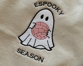 Espooky Season embroidered ghost crewneck, Mexican concha, pan dulce Halloween, Spooky, cute Halloween sweatshirt, latina, Latino, boo, fall