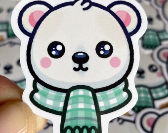 Sticker Polar Bear Teddy Kawaii Chibi Style | Glossy Waterproof Vinyl | Laptop Planner Journal Water Bottle Desk Notebook Phone Case