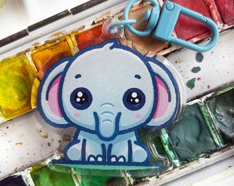 Acrylic Pendant Elephant Kawaii Chibi Style | Keychain Glitter Charm Handbag Pendant | Back to School Key Animal Office