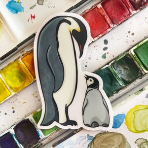 Pegatina grande de pingüino con bebé, vinilo transparente mate, impermeable, para portátil, agenda, diario, escritorio, cuaderno, funda para teléfono móvil