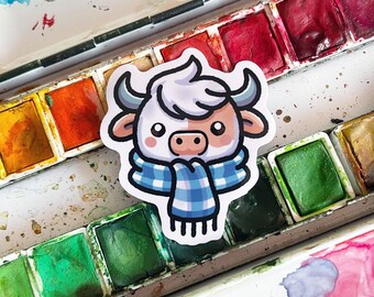 Sticker Highland Cow in Kawaii Chibi Style Vinyl Glossy Waterproof Laptop Planner Journal Water Bottle Desk Notebook Phone Case