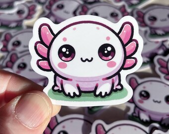 Sticker Axolotl Kawaii Chibi Style | Glossy Vinyl Waterproof Laptop | Planner Journal Water Bottle Desk Notebook Phone Case