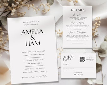 Minimalist Wedding Invitation Template Set, Editable Template, Qr Code Rsvp, Modern Photo Wedding Invitation Set A17PO32