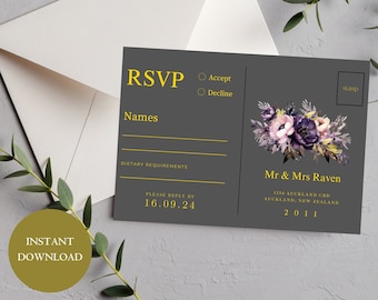 Gold RSVP Card, Instant Download, , RSVP Postcard, Printable RSVP Card, Wedding Reply Card, Editable Template A16P015