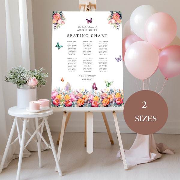 Butterflies Bridal Shower Seating Chart Template with 6 Tables, Butterflies Bridal Shower, Bridal Sign,  Downloadable Party Sign A23PO17