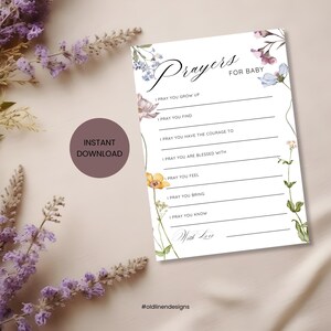 Tarjeta de oración para bebé, buenos deseos para el bebé, baby shower con flores silvestres, editable, imprimible, descarga instantánea A6P1
