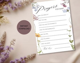 May include: Printable card with floral illustrations and the text "Prayers for Baby". The card has blank lines for writing prayers for a new baby.