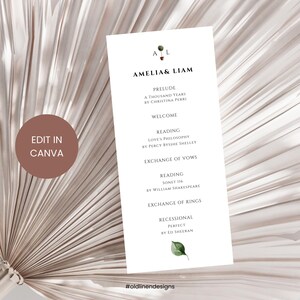 Può includere: Un programma per una cerimonia di matrimonio con un design a foglia verde. Il programma elenca l'ordine degli eventi, tra cui il preludio, la lettura, lo scambio dei voti e la recessione. Il testo include i nomi Amelia & Liam e l'hashtag #oldlinendesigns.