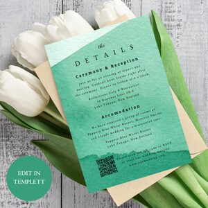 Mountain Minimalist Wedding Details Card with QR code | Instant Download | Church Wedding Template | Printable Editable Template A21PO10