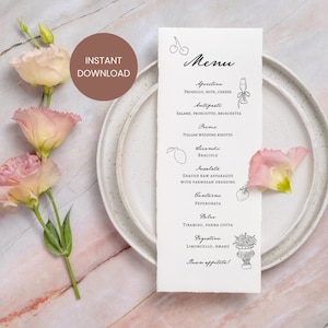 Handdrawn Italian Wedding Menu template, Italian Course Menu, Elegant Vintage Font, Old World,  Editable Wedding Menu Italian Theme A32P12