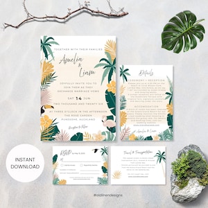 Tropisch paradijs bruiloft uitnodigingssuite, bewerkbare strandhuwelijksuitnodiging, RSVP-details kaartbundel, ontwerp voor- en achterkant, Instant Download TP