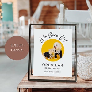 Open Bar Sign with Cat and Dog, Signature Drink Sign With Dog, Wedding Pet Bar Sign, Drinks Are On Us, Printable Editable Template A17PO49