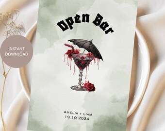 Modèle d'enseigne mariage gothique, bar à cocktails fantasmagorique Halloween, mariage original, enseigne du bar, cocktails aquarelle romantiques sombres A34PO49