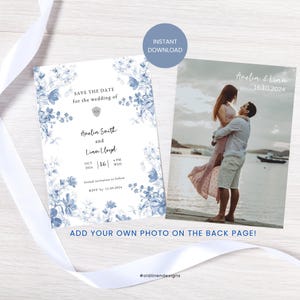 Blauwe Toile Save The Date-sjabloon, stoffige blauwe bloemen Save the Date digitale download, smartphone, afdrukbare sjabloon, bewerkbare A03P01