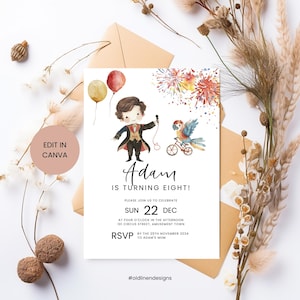 Circus Theme Boy Birthday Celebration, Boy 8th Bday Party Invite, Whimsical Party Invitation, Editable Instant Download A2P2_1