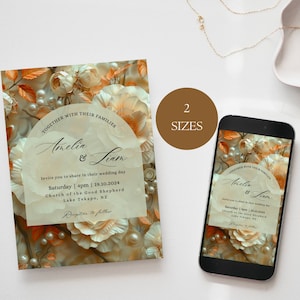 Petals and Pearls Wedding Invitation, Autumn Florals and Pearls Wedding Electronic Invite, Editable Invitation 3D Image,2 sizes A30PO3