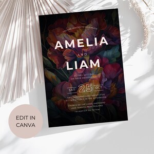 May include: Wedding invitation with a dark background and floral design. The text reads "You are invited to celebrate Amelia and Liam as they say 'I do' on their wedding day. Sat 25 Oct Two thousand and twenty five at two o'clock in the afternoon Church of the Good Shepherd Lake Tekapo, New Zealand reception to follow."