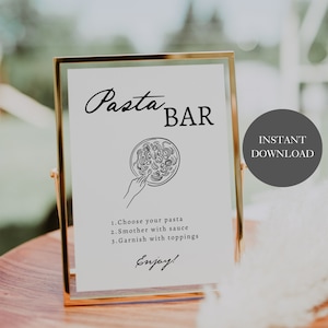 Op de afbeelding: Een printbaar bord voor een pastabar met een zwart-witte illustratie van een bord pasta. Het bord staat "Pasta Bar" en bevat de instructies: "1. Kies je pasta, 2. Bedek met saus, 3. Garneer met toppings. Eet smakelijk!"