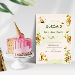 Bee Birthday Invitation Editable, Bee‑Day Bash Invite, Honey Bee Party Printable, Watercolor Floral Kids Birthday Card, Instant Download BB