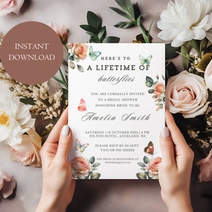 Lifetime of Butterflies Bridal Shower Invite, Butterfly Bridal Invitation, Printable Butterfly Floral Party Invitation Editable A23PO33_1