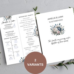 Könnte beinhalten: Hochzeitseinladung mit einem Aquarell-Blumendesign in Blautönen und Rosa. Der Text lautet "Amelia & Liam" und "16. Oktober 2024". Die Einladung enthält auch den Satz "Zwei Herzen, eine Reise und ein Leben voller Liebe vor uns."