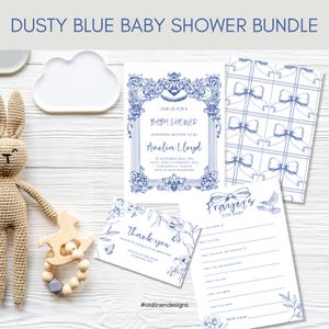 Paquete de invitaciones para baby shower en azul polvoriento, elegante invitación para bebé niño en chinoiserie con toile francés, tarjeta de agradecimiento con oraciones editables e imprimibles A9P19