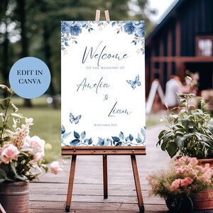 Dusty Blue Wedding Welcome Sign | Editable Canva Template | Instant Download | Elegant Floral Wedding Sign | 20x30 & 24x36 Inches DB
