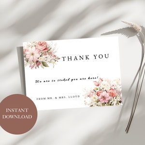 Pink Floral Thank You Card Template, Thank You Card Printable, Thank you Card, Floral Thank You, Edit with TEMPLETT, A19PO35