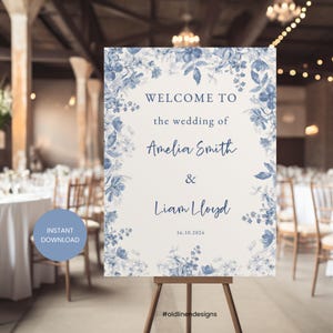 Blue Toile Wedding Welcome Sign,  Dusty Blue Florals Reception Sign, French Blue Bridal Shower, Baby Shower, Instant Download A3P13