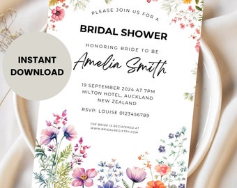 Wildflower Bridal Shower Invitation, Floral Bridal Shower Invite, Boho Watercolor Flowers Bridal Shower Template, Bridal Brunch  BA6PO2