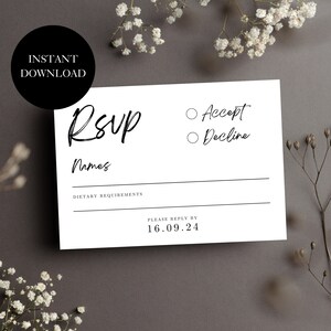 May include: A white RSVP card with black text. The card has a section for names, dietary requirements, and an RSVP option to accept or decline. The text "Please reply by 16.09.24" is at the bottom of the card.