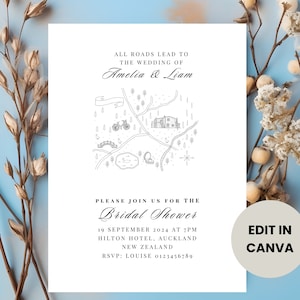 Könnte beinhalten: Eine weiße Hochzeitseinladung mit einer Schwarzweißillustration einer Karte mit einem Haus, einer Brücke, einem Teich und einem Fahrrad. Der Text lautet "All roads lead to the wedding of Amelia & Liam" und "Please join us for the Bridal Shower 19 September 2024 at 7pm Hilton Hotel, Auckland New Zealand RSVP: Louise 0123456789".