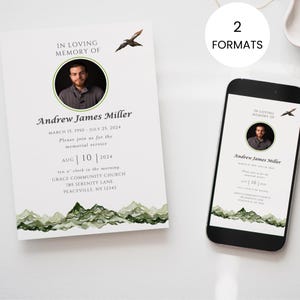 Celebration of Life Invitation Mountain, Minimalist In Loving Memory E-Invite, Nature Memorial Invitation, Editable Printable In Memory MO2