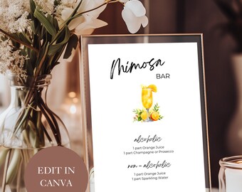 Segno del modello modificabile del segno del bar Mimosa per matrimonio minimalista, segno del matrimonio del bar Mimosa, segno del matrimonio stampabile delle bevande del bar Mimosa A17PO41_1