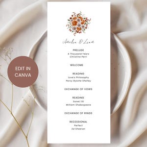 May include: A wedding ceremony program with a floral illustration in shades of orange and white. The program lists the order of events, including the prelude, welcome, reading, exchange of vows, reading, exchange of rings, and recessional. The text includes the names "Anelia & Lian" and the song titles "A Thousand Years", "Love's Philosophy", "Sonet 116", and "Perfect".